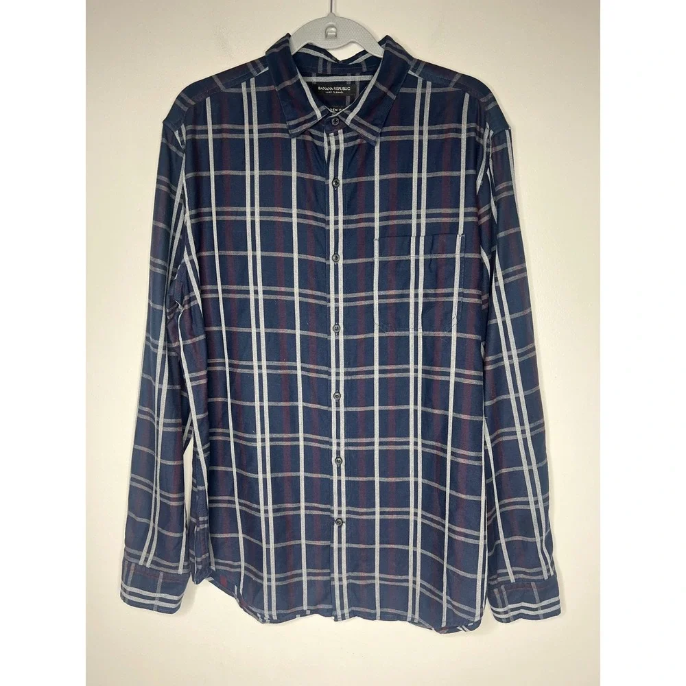 Banana Republic Luxe Camden Fit Flannel Shirt Mens Large Navy Blue Plaid Cotton
